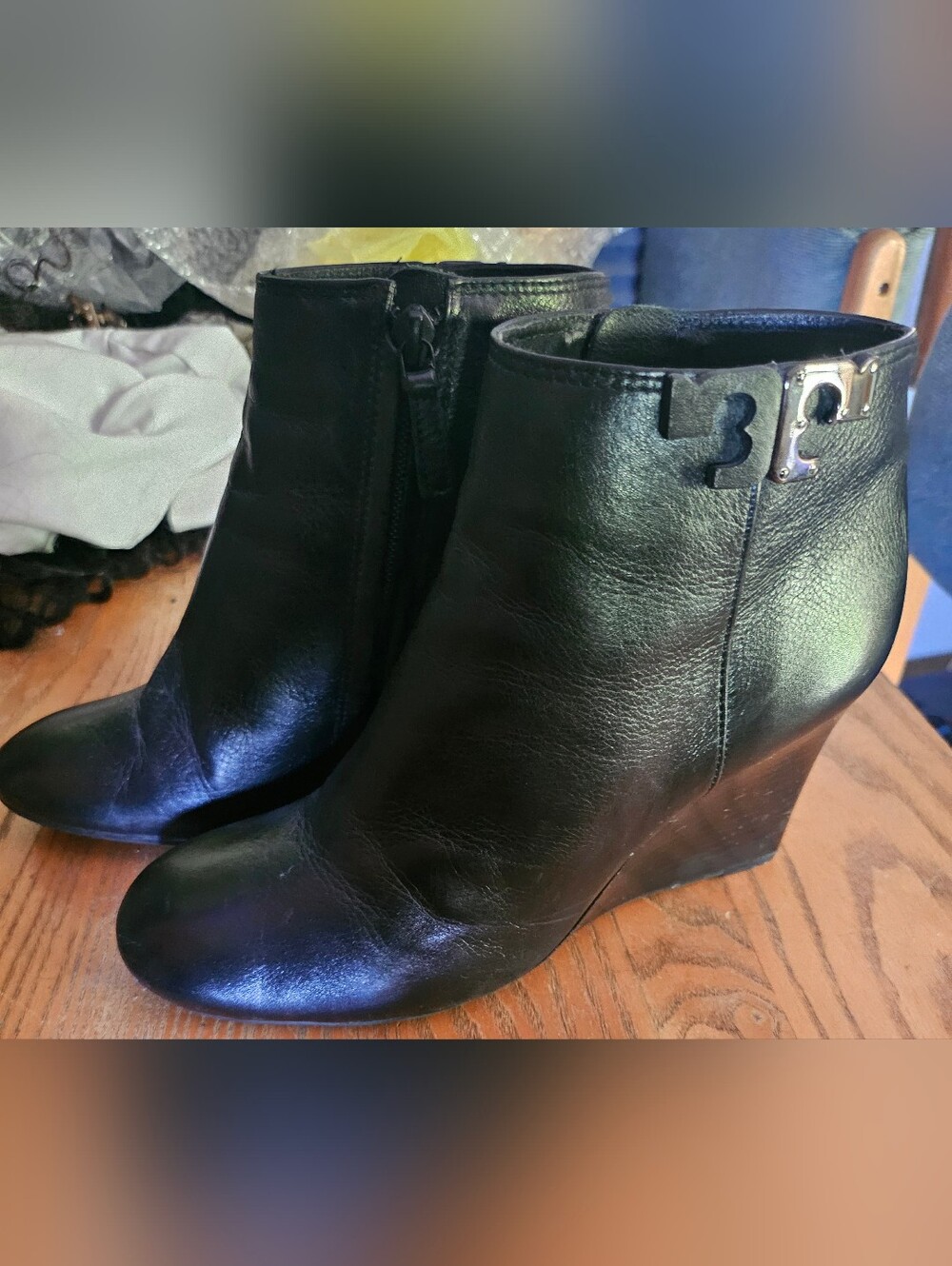 Tory Burch!! Black Leather Wedge Ankle Boots Size 6.5